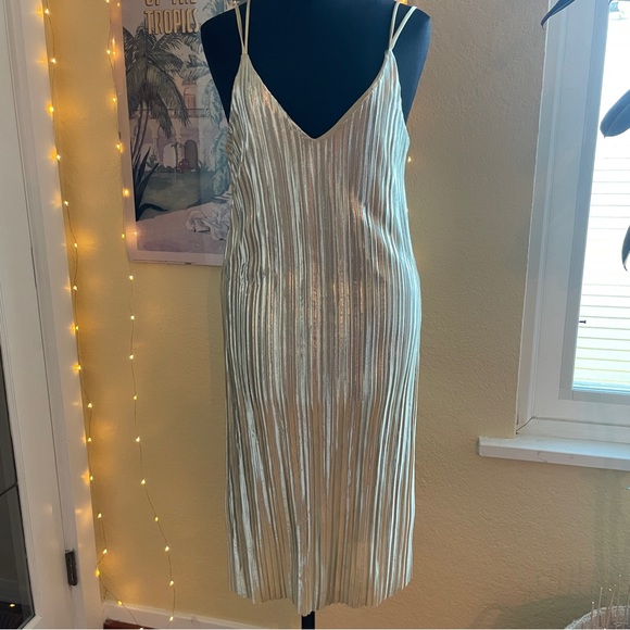 Champagne Colour Pleated Holiday Party Dress - Picture 4 of 11